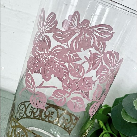 Vintage Federal Glass Tumbler Pink Dogwood Flower MCM Glassware Valentine SET 6 - Picture 7 of 10